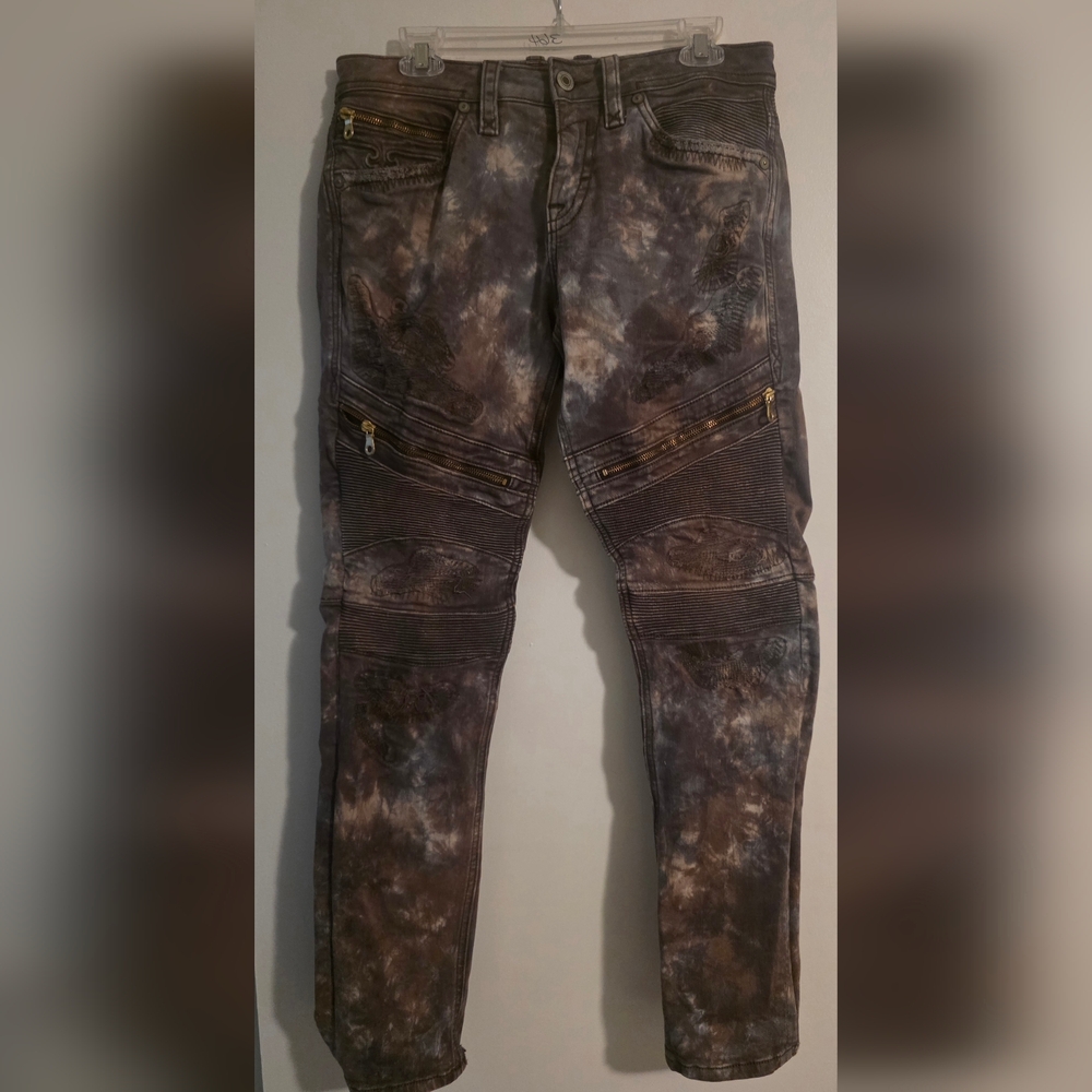 Rock Revival Moto Tie-Dye Biker Jeans with Zipper Accents